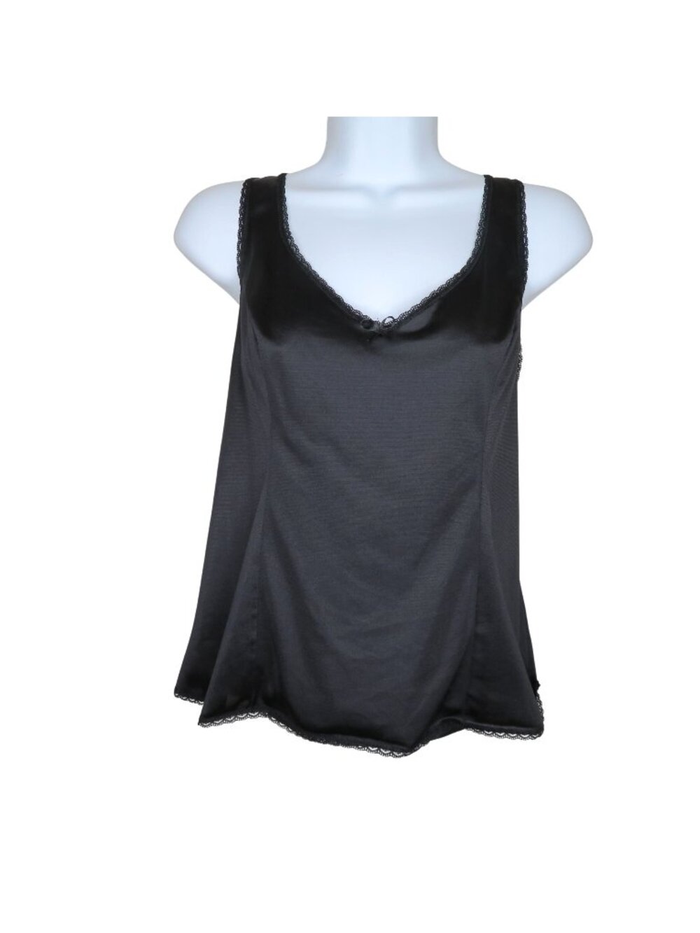 Vintage Black Vassarette Nylon Camisole Tank Top Lace Trim Bow Accent Size L